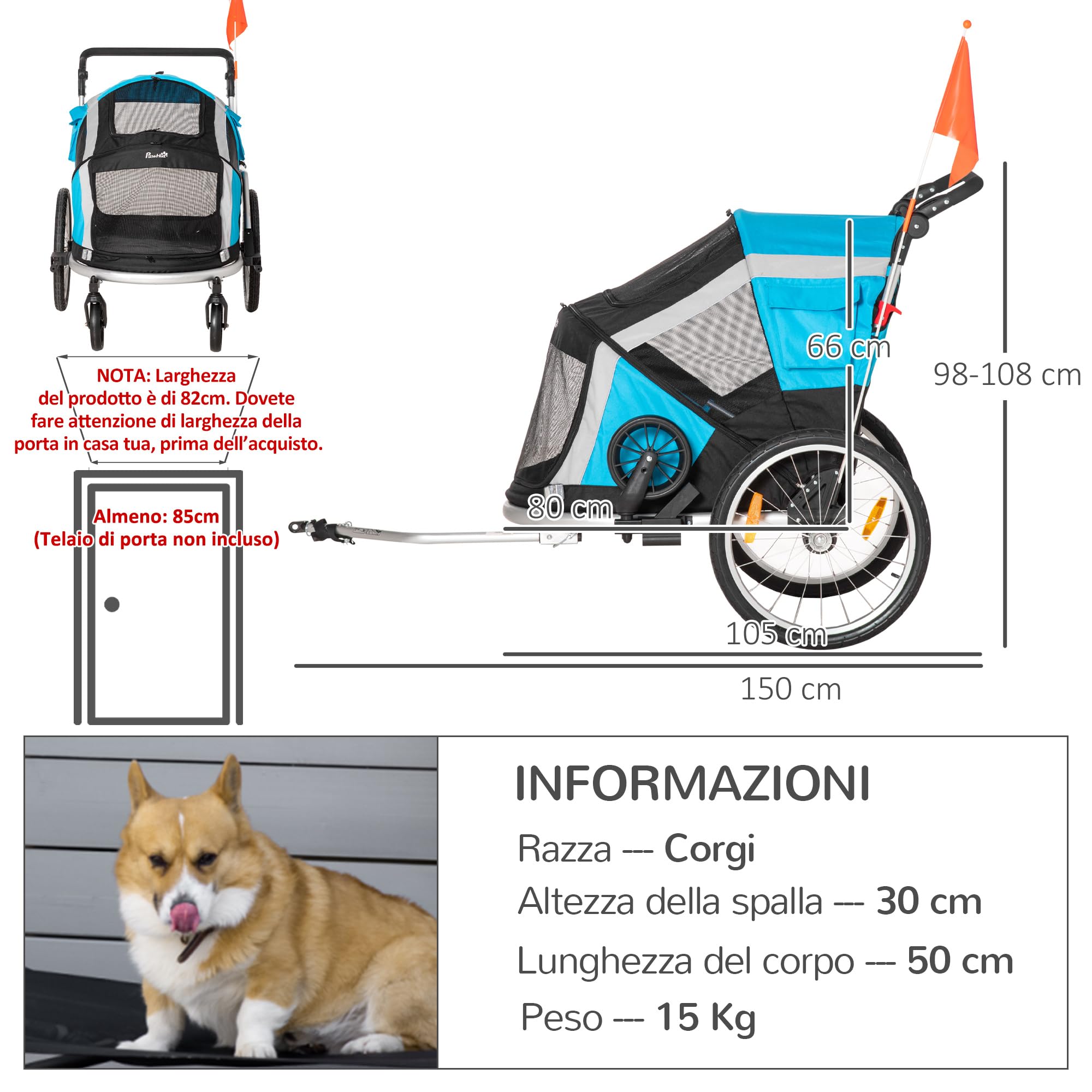 PawHut Remorque vélo et Poussette 2 en 1 Grands/Moyens Chiens Bleu