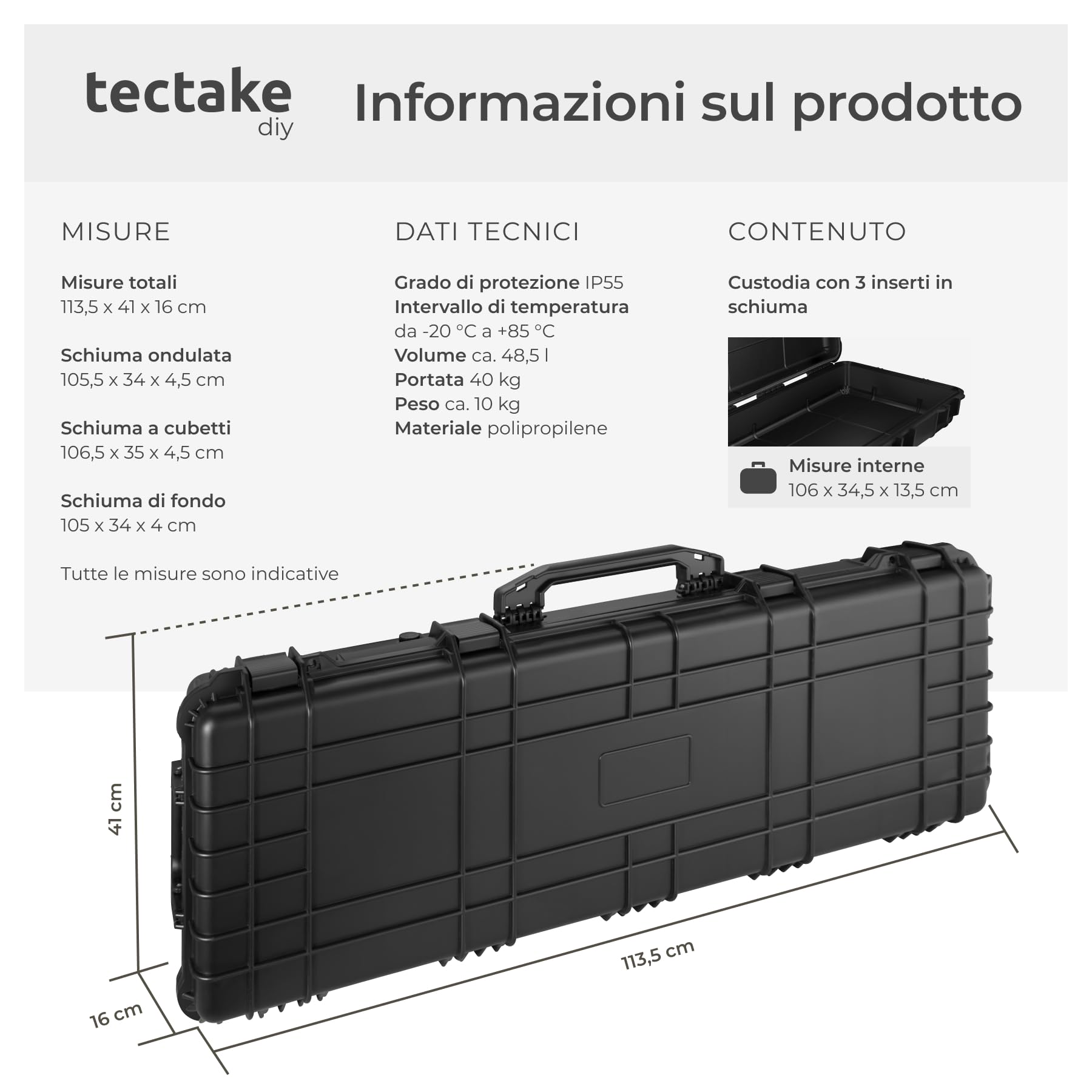 tectake® Custodia Porta Fucile - 113,5 x 41 x 16 cm - Custodia Rigida per Armi e Accessori, 4 Chiusure a Scatto, 3 Inserti in Espanso Estraibili, Maniglie, Rotelle per Trasporto