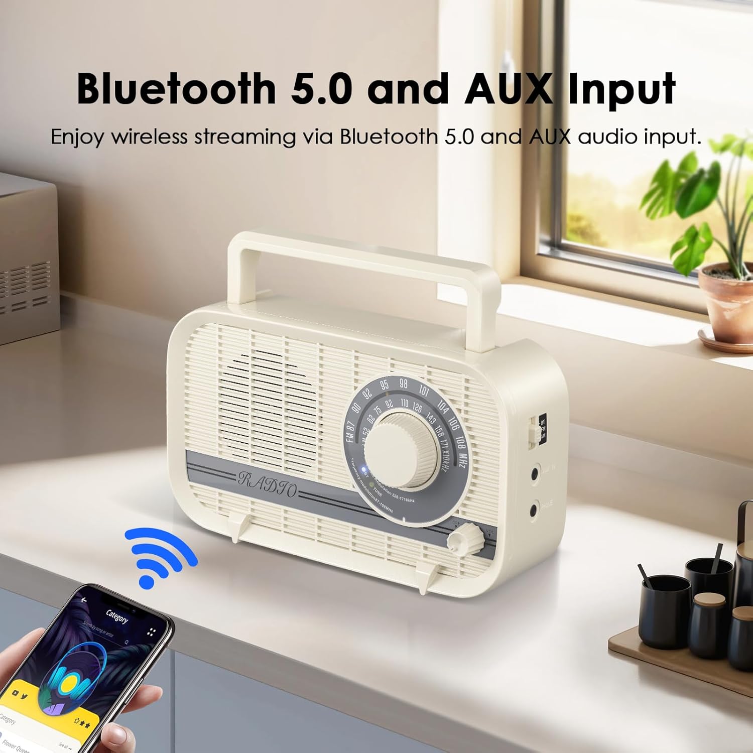 Audiocrazy radio connected via Bluetooth to a smartphone.