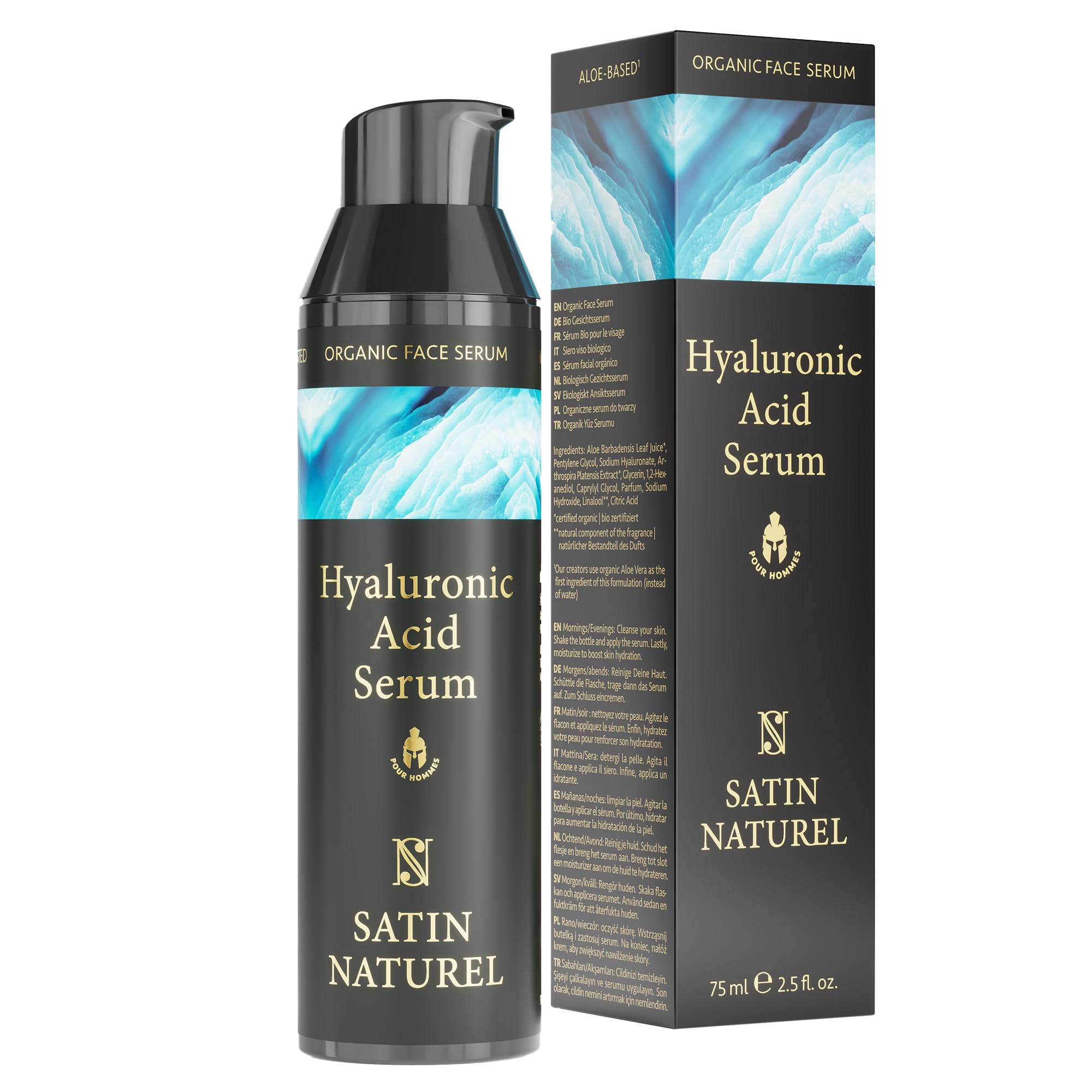 Serum Acido Hialuronico Hombre 75ml - Organic Ácido Hialurónico Serum Facial Hombre - Antiarrugas, Antiojeras & Antiedad Sérum para Contorno de Ojos Hombre - Vegano Skin Care - Satin Naturel
