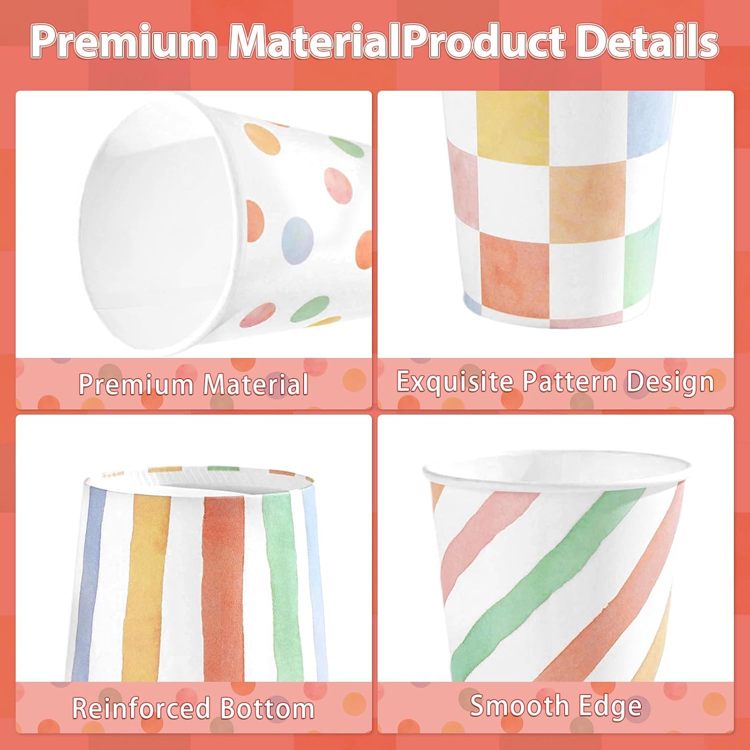 100 Pcs Pastel Striped Spotty Checked Cups 9 oz Disposable Hot or Cold Drinks Pastel Paper Cups with Colorful Gingham for Baby Shower Spring Birthday Party Supplies Beverage Drinking
