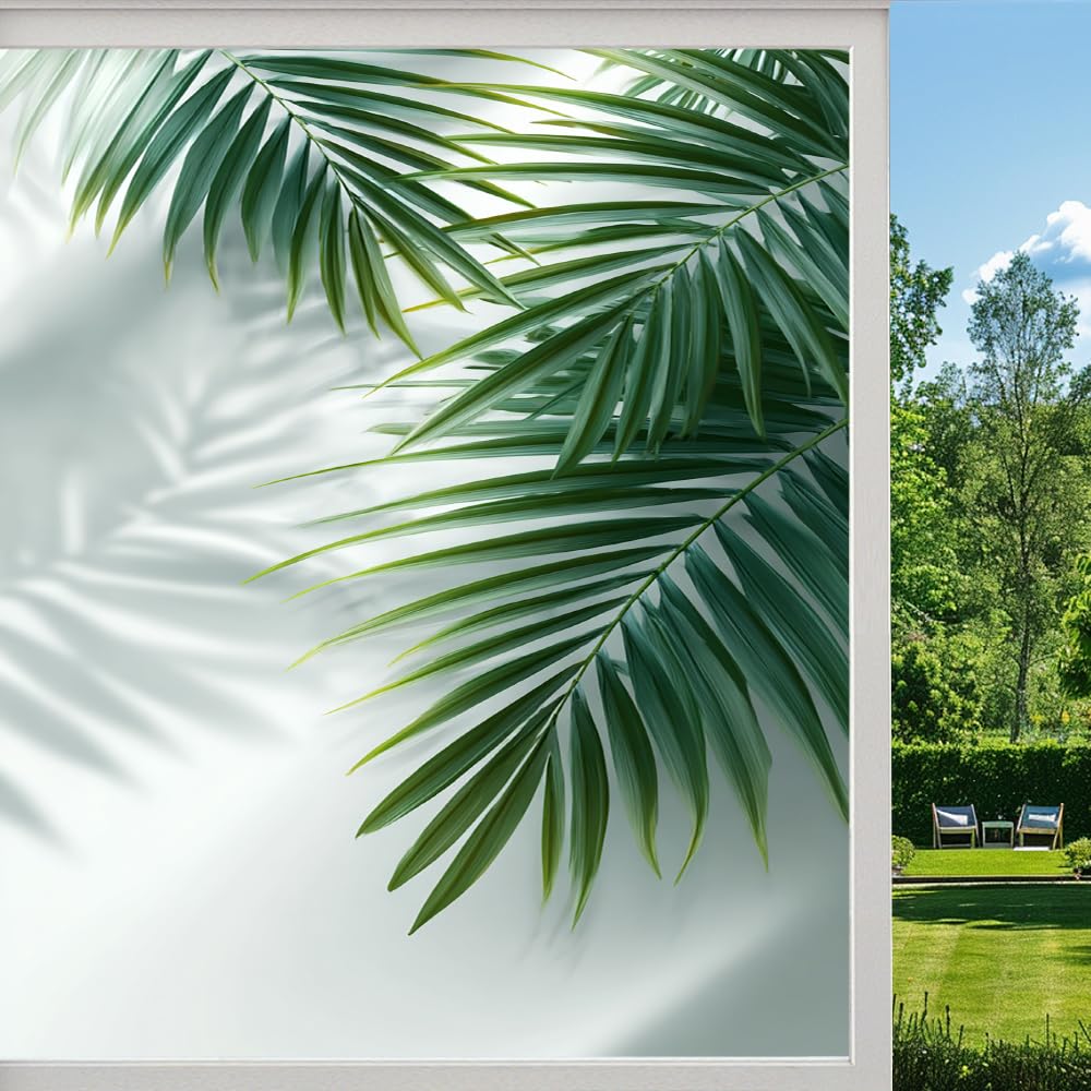 Tropical Palm Leaves Privacy Window Film, Natural Green Plant Frosted Self-Adhesive Vinyl Cling for Glass Doors Bathroom Windows Sun Blocking Heat Control, （90x140cm）