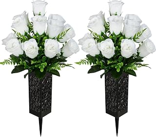 Artificial Cemetery Flowers, Grave Memorial Flowers, Set of 2 Artificial Rose Bouquet with Vase for Cemetery Headstones Gravesites Decoration (White)