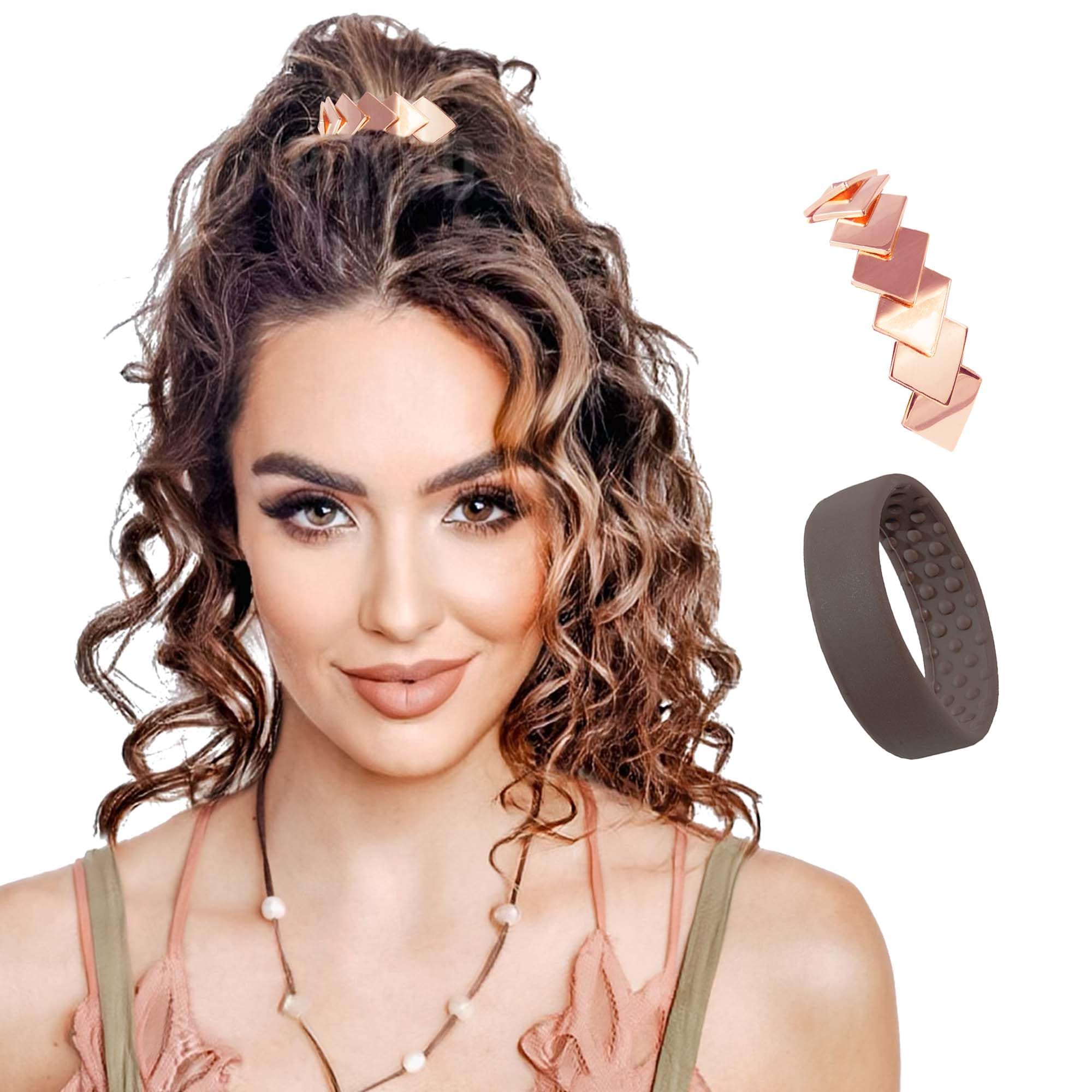PONY-O & BLING RINGZ Set – Bendable No Damage Hair Tie & Volumizing Ponytail Holder + Bracelet Accessory (Brown & RoseGold Diamond)