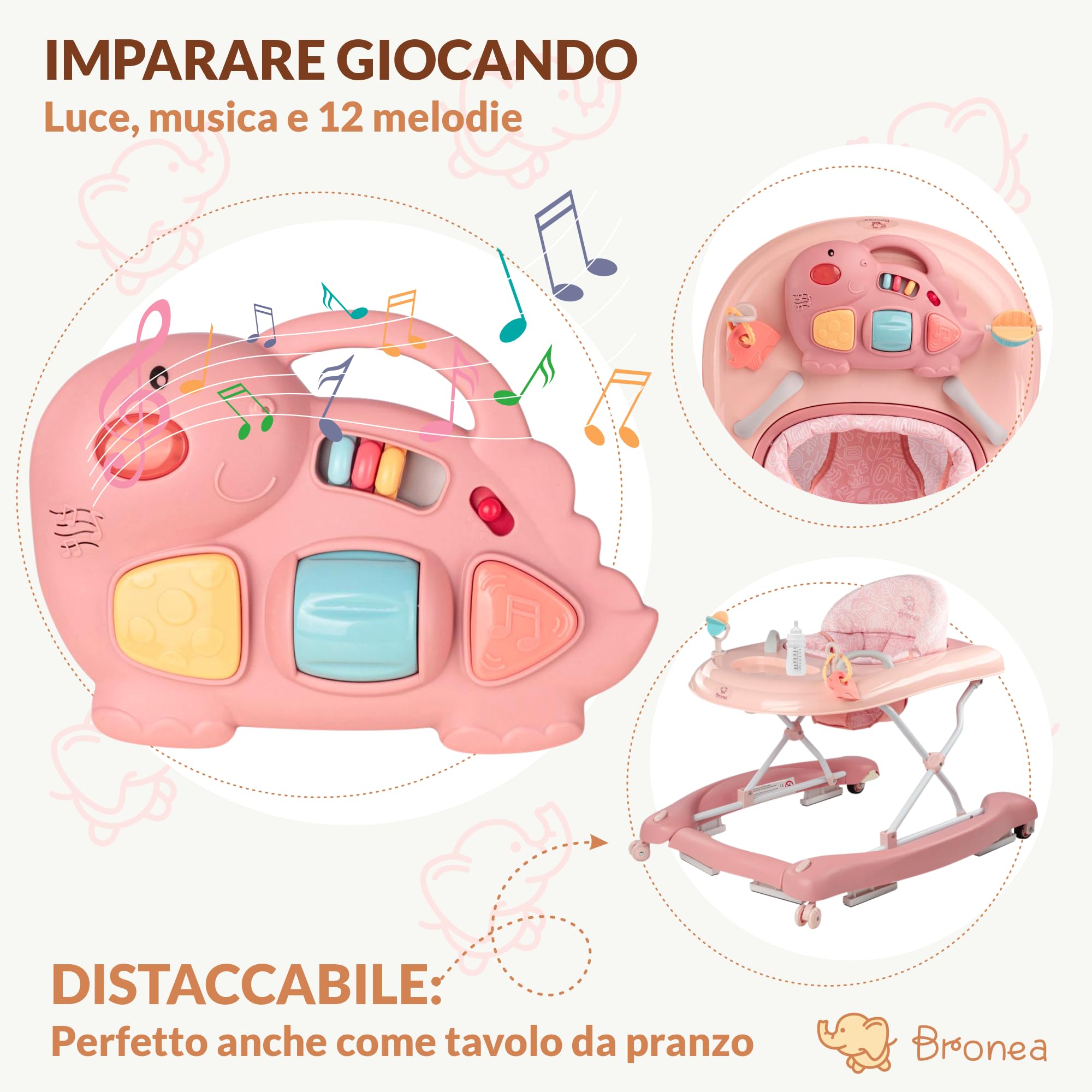 5-in-1 Girello per Bambini | Baby walker con funzione di dondolo, musica e luce | ausilio per la deambulazione dei bambini a partire da 6 mesi | regolabile in altezza | pieghevole | Rosa