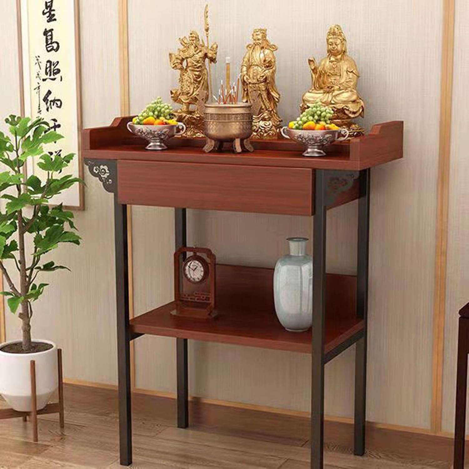Buddha Niche Chinese Cabinet with Storage, Pooja Cabinet with Storage, retaining Edge Design with Drawer, for Living Room, Small Spaces(Walnut,23.6 * 16.5 * 39.4in)