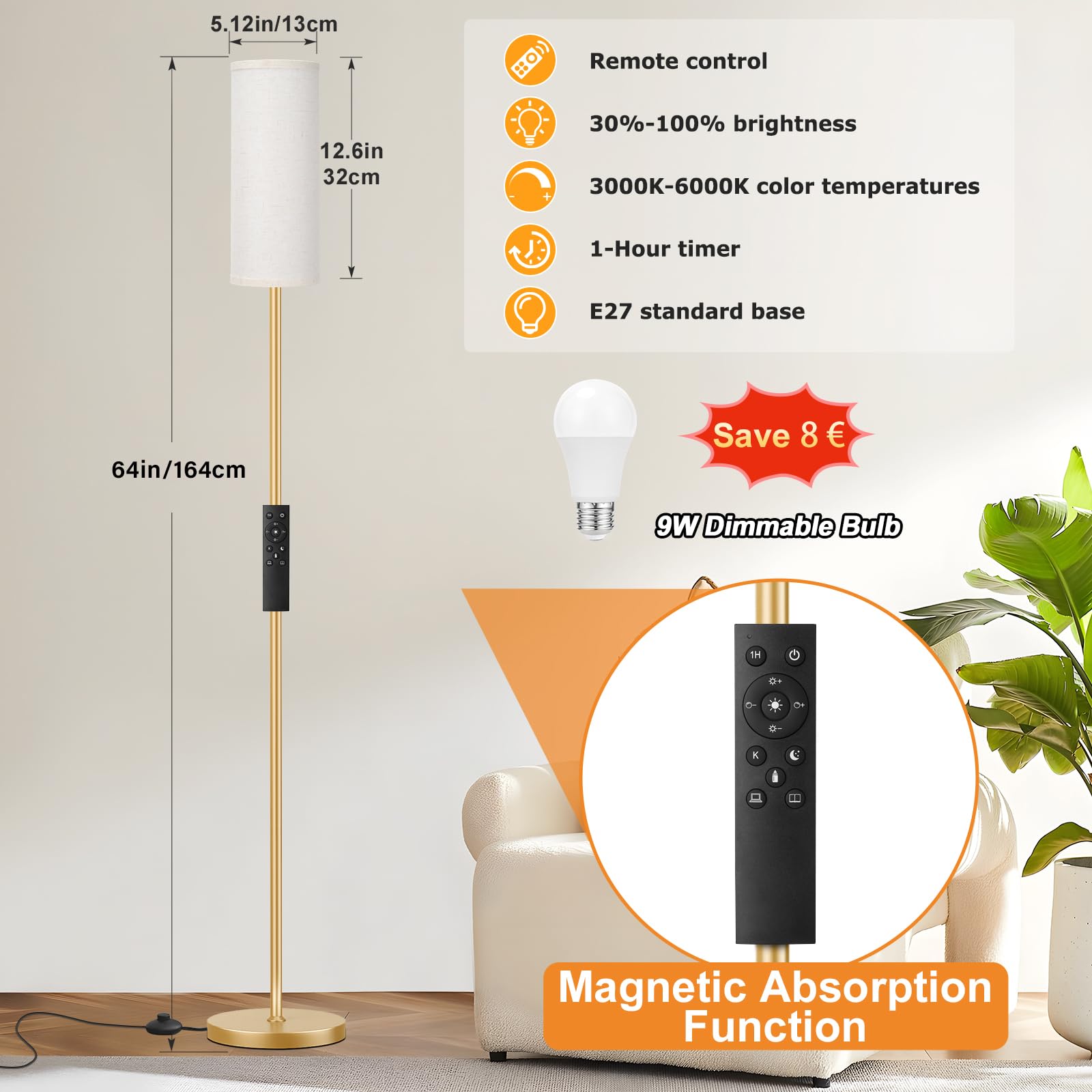 Stehlampe Wohnzimmer, Standleuchte LED Dimmbar Modern mit Fernbedienung, 4 Farbtemperaturen & Stufenlos Dimmbar, Beige Leinenschirm, Leselampe für Wohnzimmer Schlafzimmer Büro
