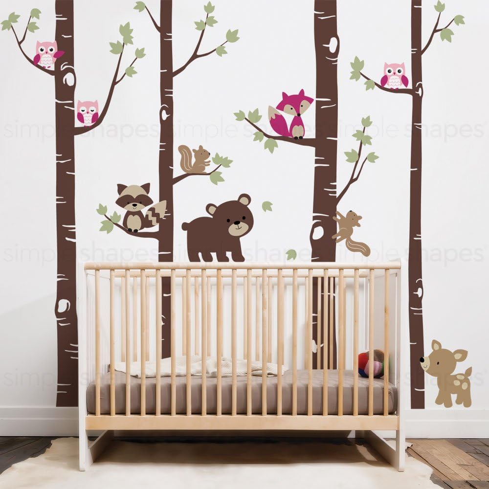 Simple Shapes Birch Trees with Cute Forest Animals Wall Decal - Scheme A - 120" (305 cm) Tall Trees
