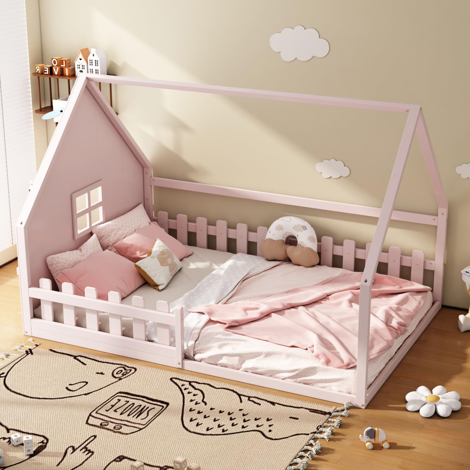 Cama infantil, cama Montessori, cama de madera de pino macizo, cama individual con forma de casa para niños o niñas, sin colchón (rosa, 140 x 200 cm)