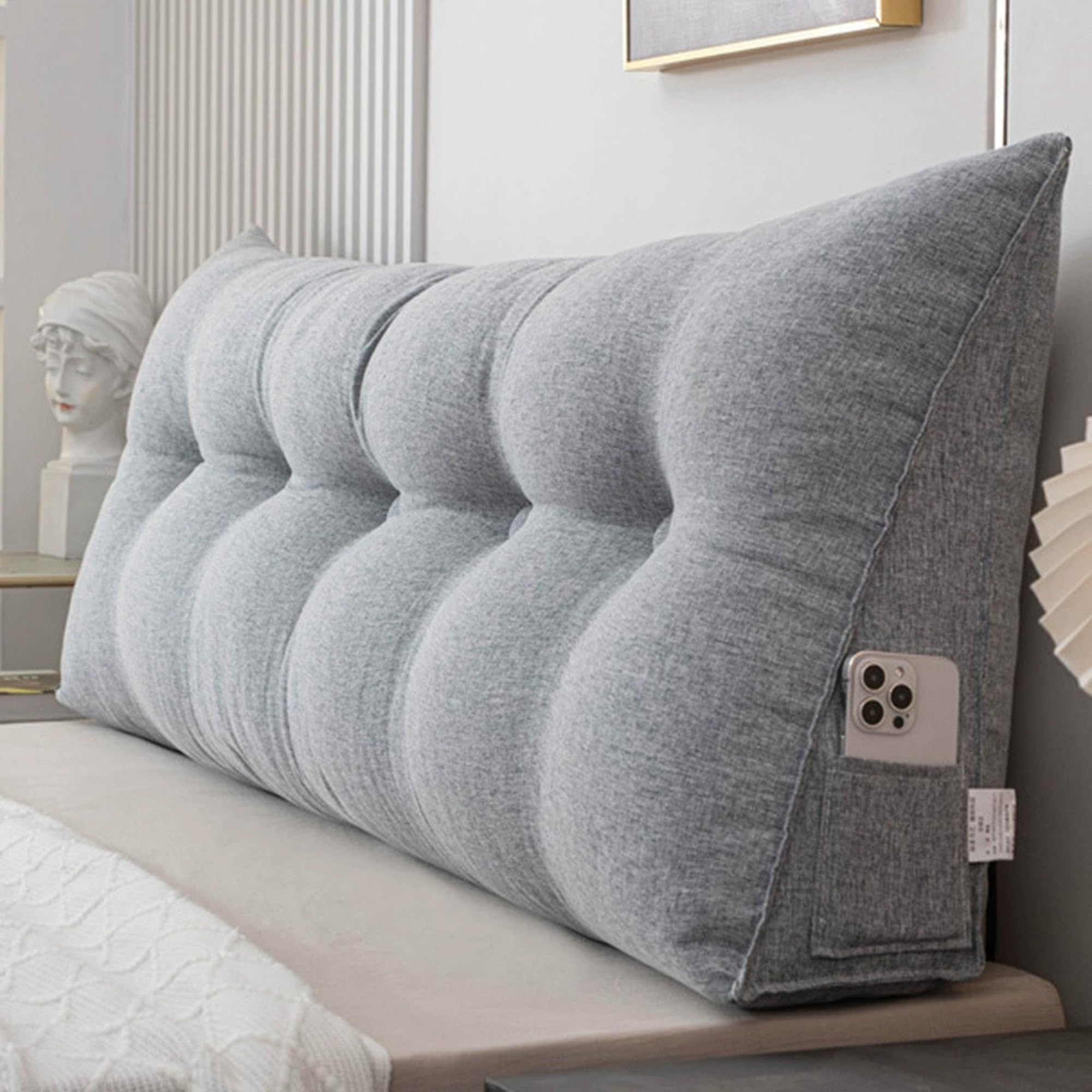 DUOLEH Triangular Wedge Pillow, Lumbar Support Cushion, Headboard Backrest, Reading Pillow with Side Pockets, Back Support Cushion for Working, Watching TV (80x50x20cm,Light grey)