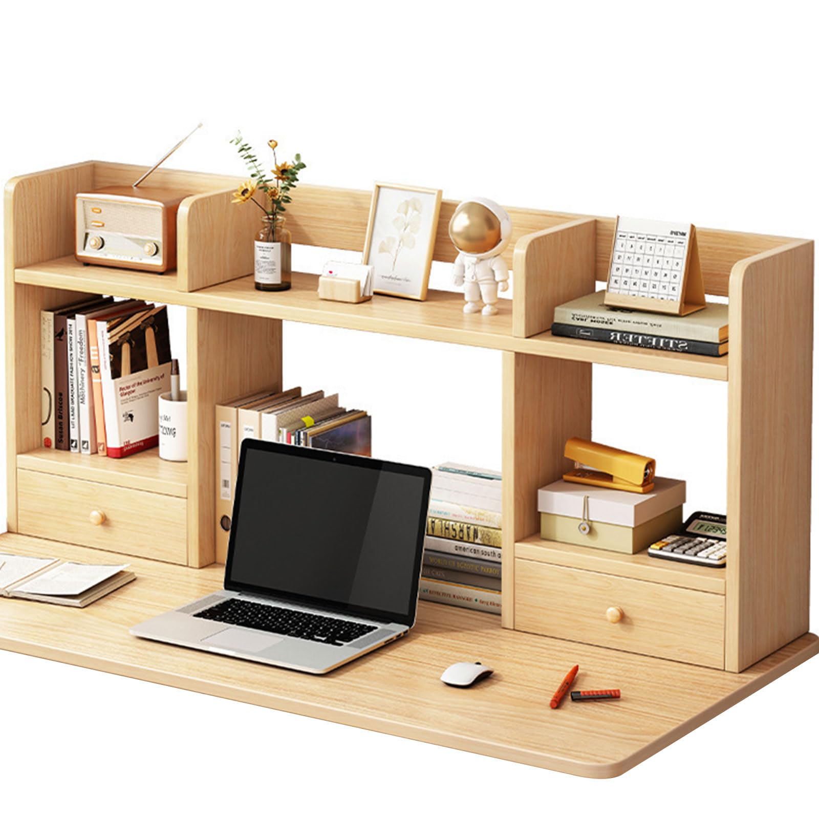 Bibliothèque de bureau 5 étagères en bois naturel 100 cm avec 2 tiroirs de rangement chic