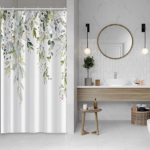 Miniatura 87 de Cortina de ducha verde salvia con eucalipto, cortina de ducha de tela impermeable con hojas de planta de primavera, cortina de ducha acuarela verde