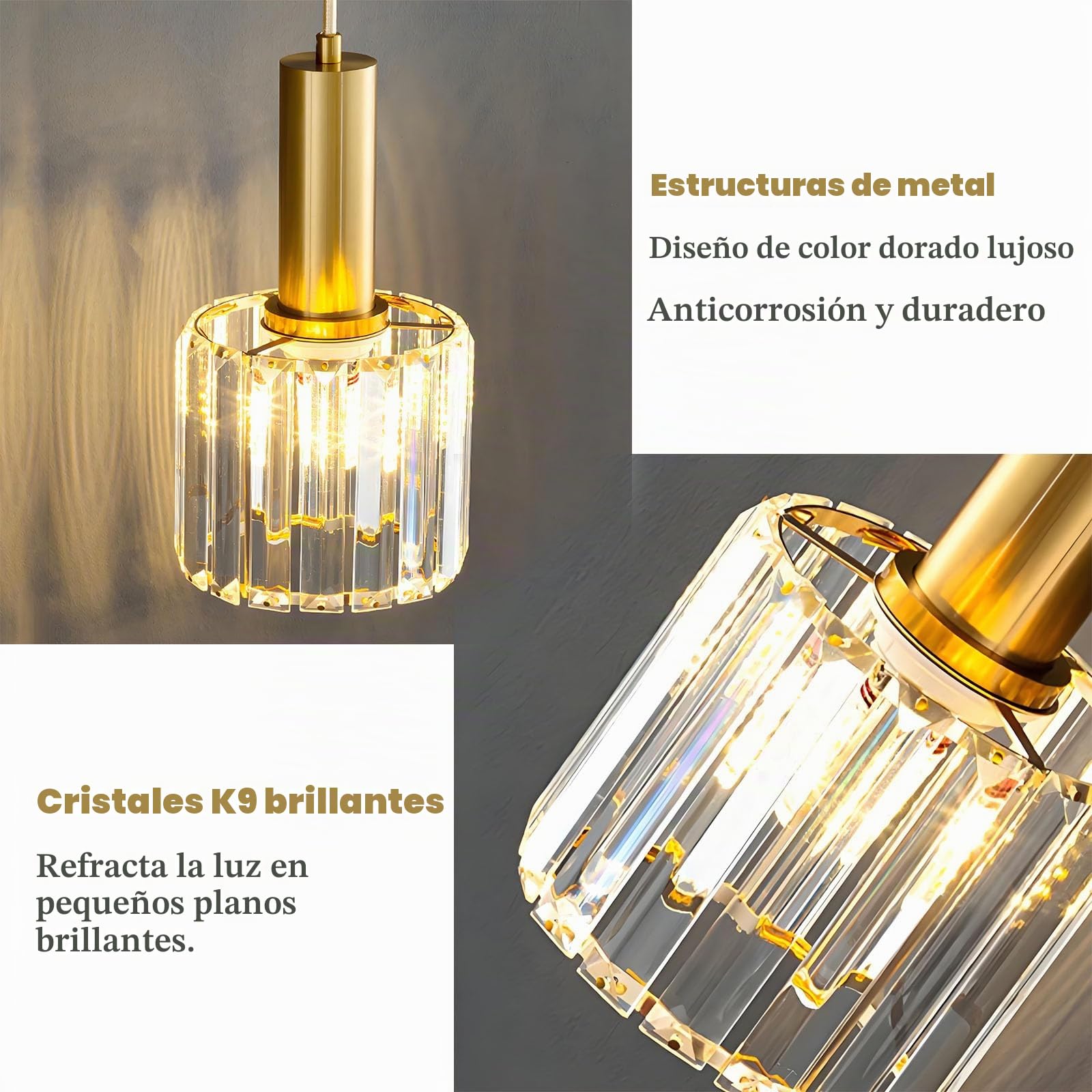Mini Lámpara Colgante Dorada en Cristal K9, Base E27, Altura Ajustable, Lámpara Moderna de Vidrio para Comedor, Cocina, Dormitorio y Bar (2-luces)