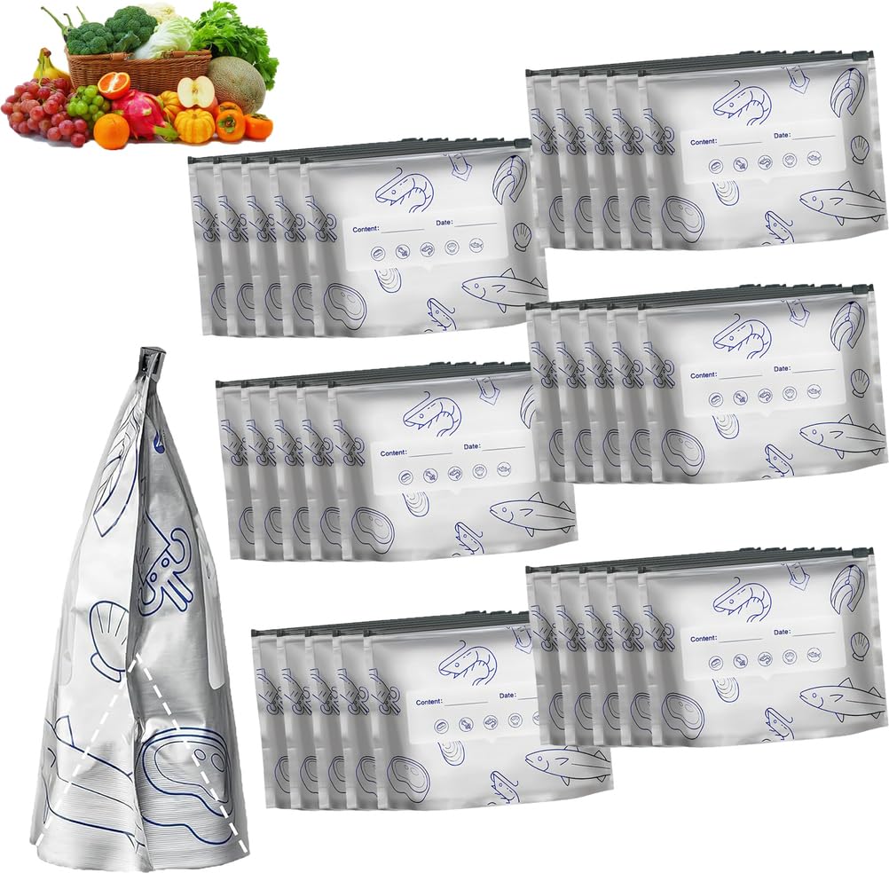 Wiederverwendbare verschließbare Aufbewahrungsbeutel aus Aluminiumfolie, Vakuumbeutel mit Reißverschluss, auslaufsicher und wiederverwendbar, ideal für die Aufbewahrung von Lebensmitteln, 20 Stück