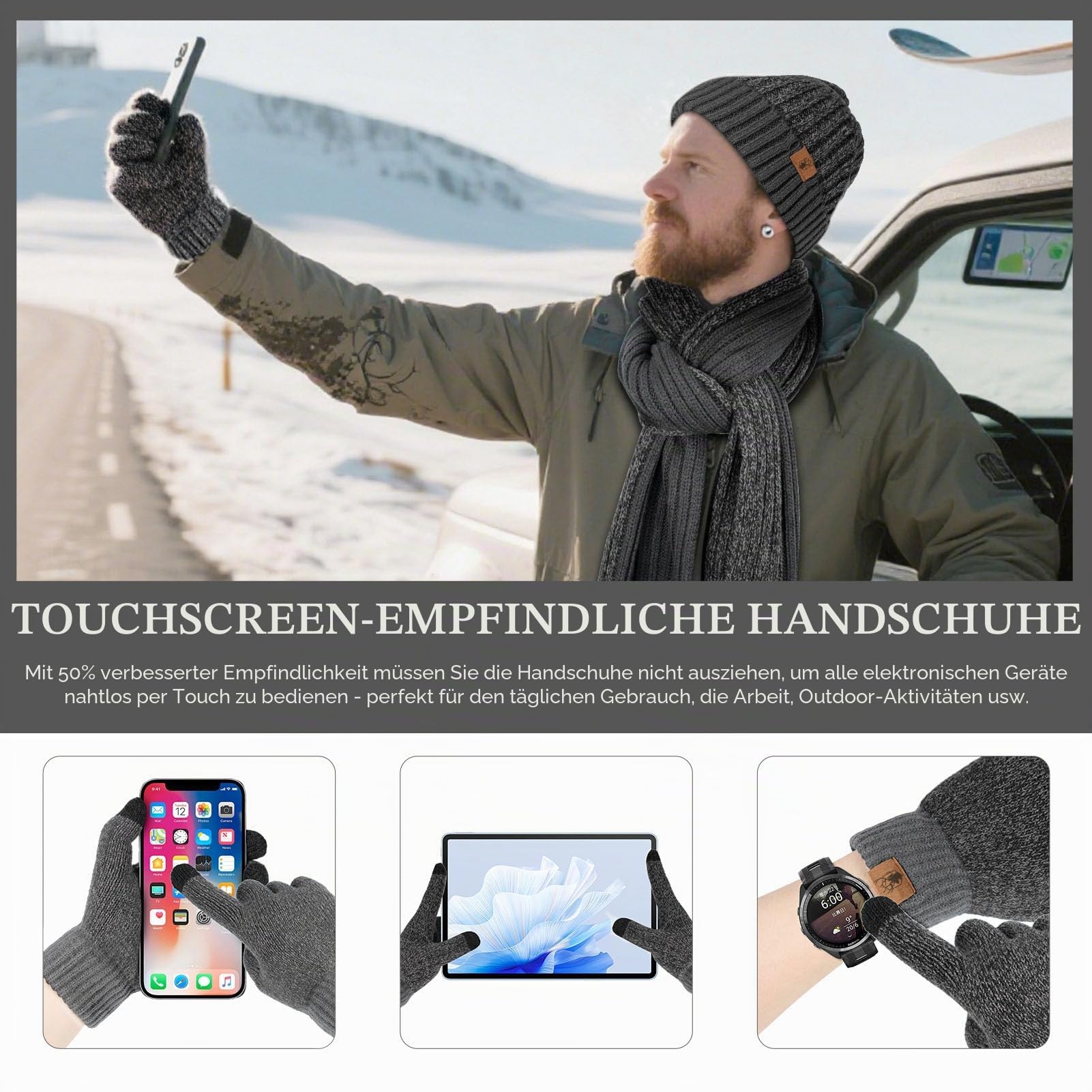 Mütze Schal und Touchscreen Handschuhe Set Wintermütze Thermohandschuhe Schal für Herren Strickmütze 3 STÜCKE Unisex Hüte für Damen Winter Accessoires für Herren Damen