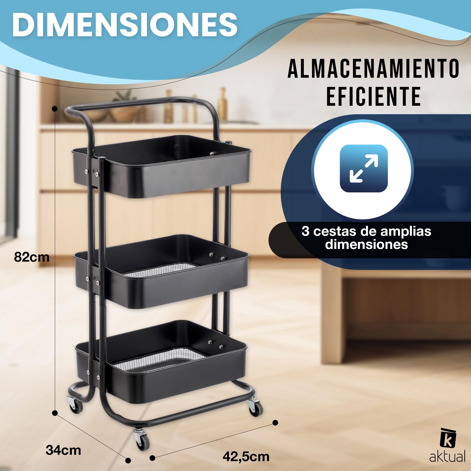 Carrito Auxiliar con Ruedas, Carro Organizador almacenaje con 3 Ganchos, 42x36x86cm. Ideal para baño, Cocina, salón, Oficina y estetica. Color Blanco.