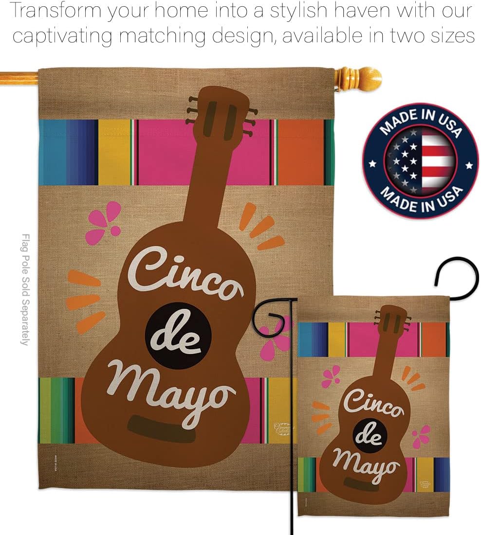 Celebrate Guitarron Cinco De Mayo House Flag - Summer Mexican Fiesta Party Cactus PinataOutdoor Summertime Sunny - Decoration Banner Small Garden Yard Gift Double-Sided Made In USA 28 X 40