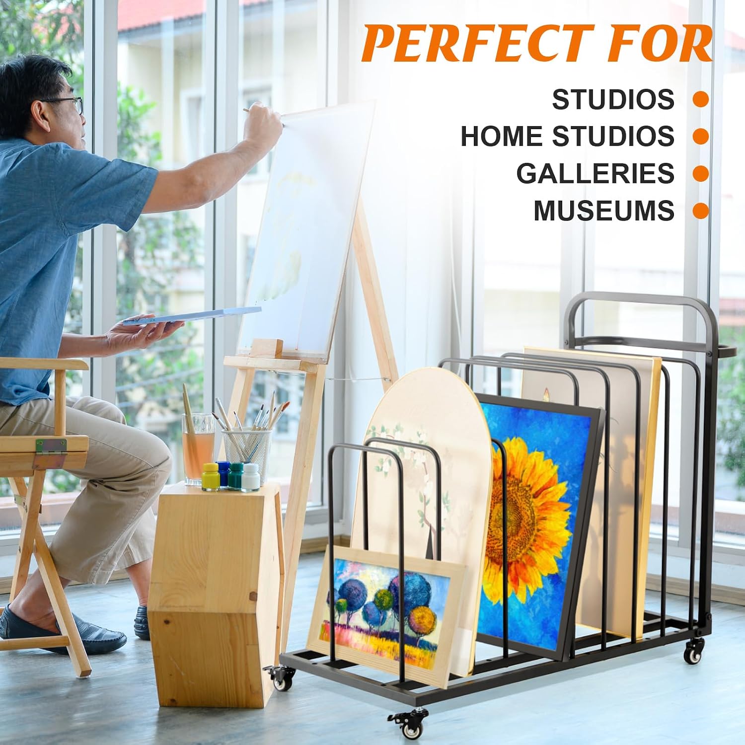 Landhoow Art Canvas Storage Rack, Adjustable Metal Art Drying Painting Rack Black Painting Storage Easel Display Stands with Caster Wheels and Handle for Canvas Boards, Panels, Frames, Crafts Drying