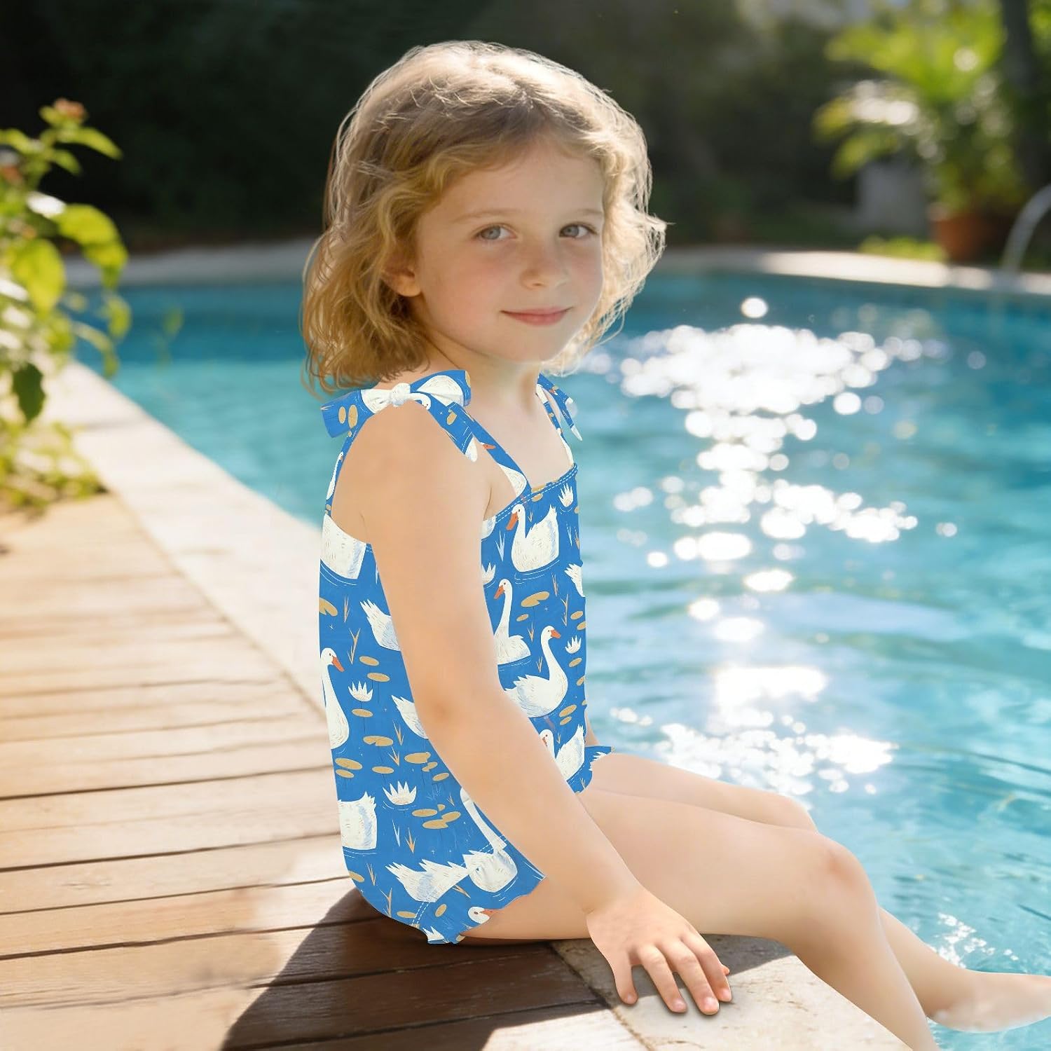 visesunny Toddler Girl Swimsuit Adjustable Strap Swimwear Swan Blue Pond Bathing Suits for Girls 18M-6Y