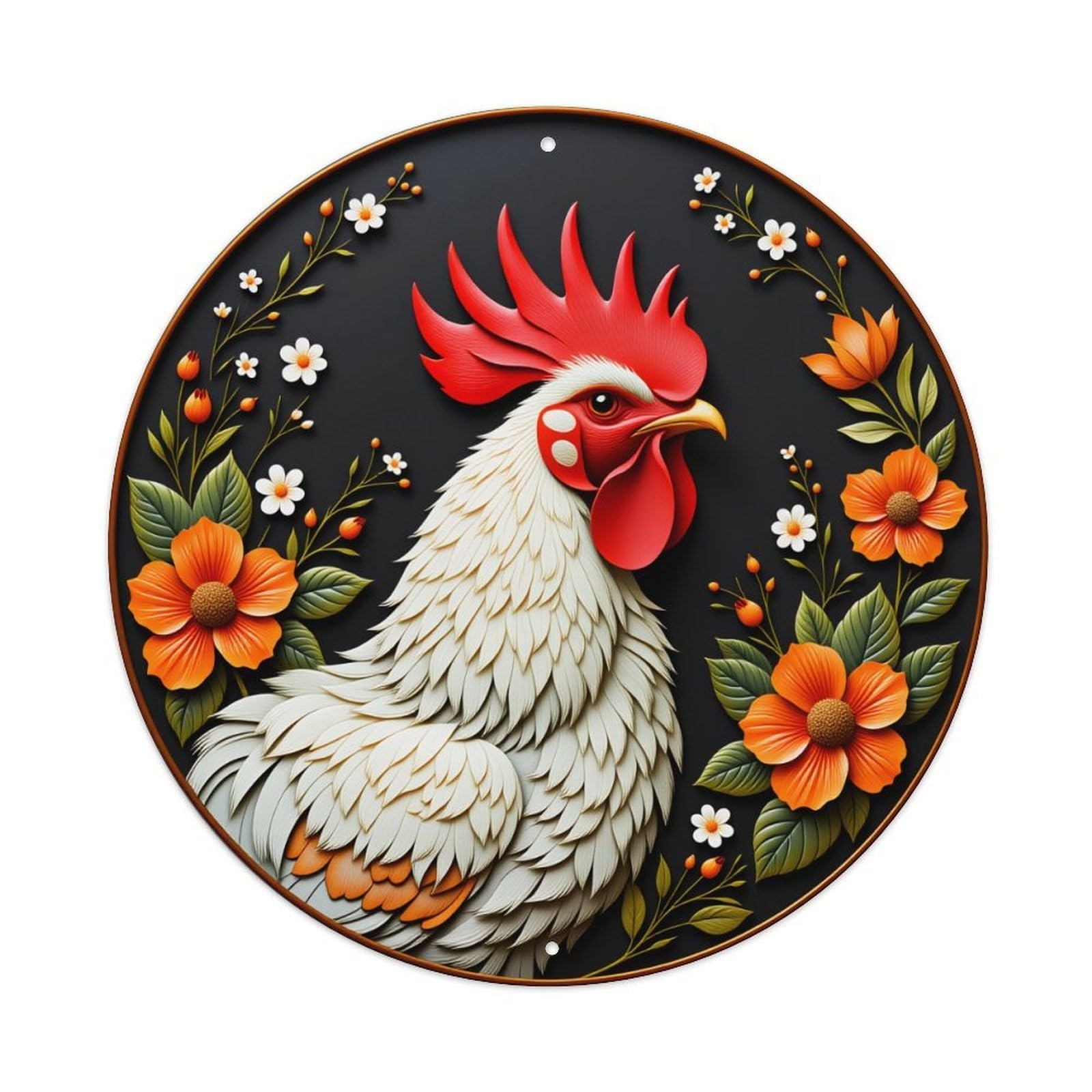 Rooster Floral Black Background Art Vintage Metal Tin Sign Retro Wall Decor for Home Bar Garage Cafe, Indoor & Outdoor Decorative，circle Metal Poster, 8x8 Inch