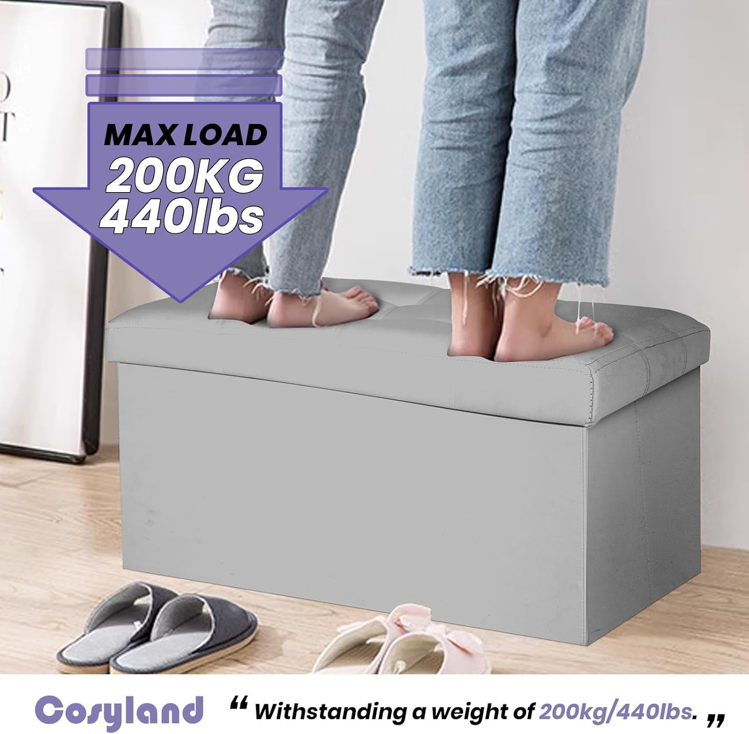 COSYLAND Stołek z miejscem do przechowywania, składany stołek, podnóżek, do salonu i sypialni, pojemność 80 L, maksymalne obciążenie 150 kg, 76 × 38 × 38 cm, Szary perłowy