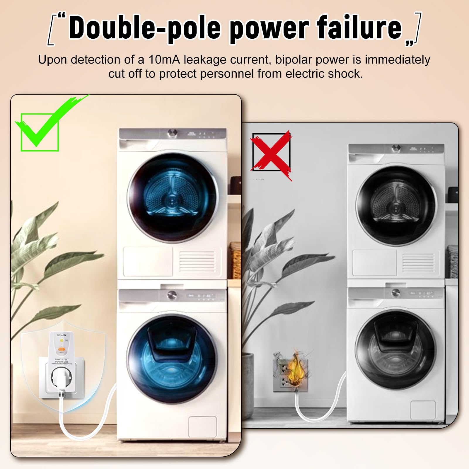FI Prise de Disjoncteur 10mA, 16A 230V Prise de Protection Différentielle Prise de Sécurité GFCI, Coupure Rapide 10 mA, Prise de Disjoncteur Différentiel de Sécurité Domestique (Lot de 2)