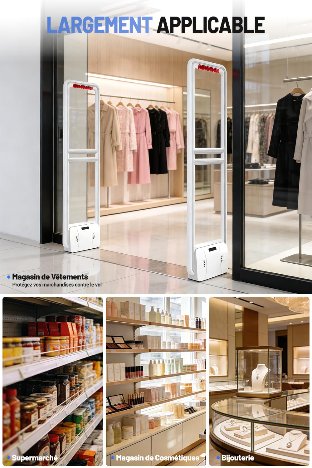 Portique Antivol Magasin, Antivol Commerce Tour d'alarme de sécurité AM 58khz avec 100 étiquettes et Accessoires Complets pour Supermarchés, Vêtements et Magasins de Jouets, Blanc