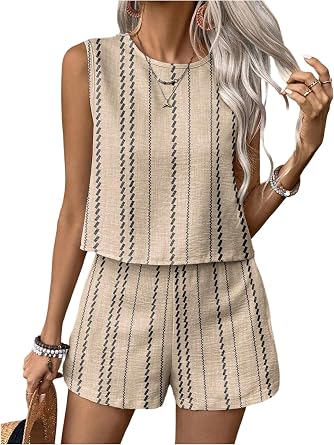 MakeMeChic Womens 2 Piece Outfits Striped Crew Neck Tank Top and Wide Leg Shorts Set