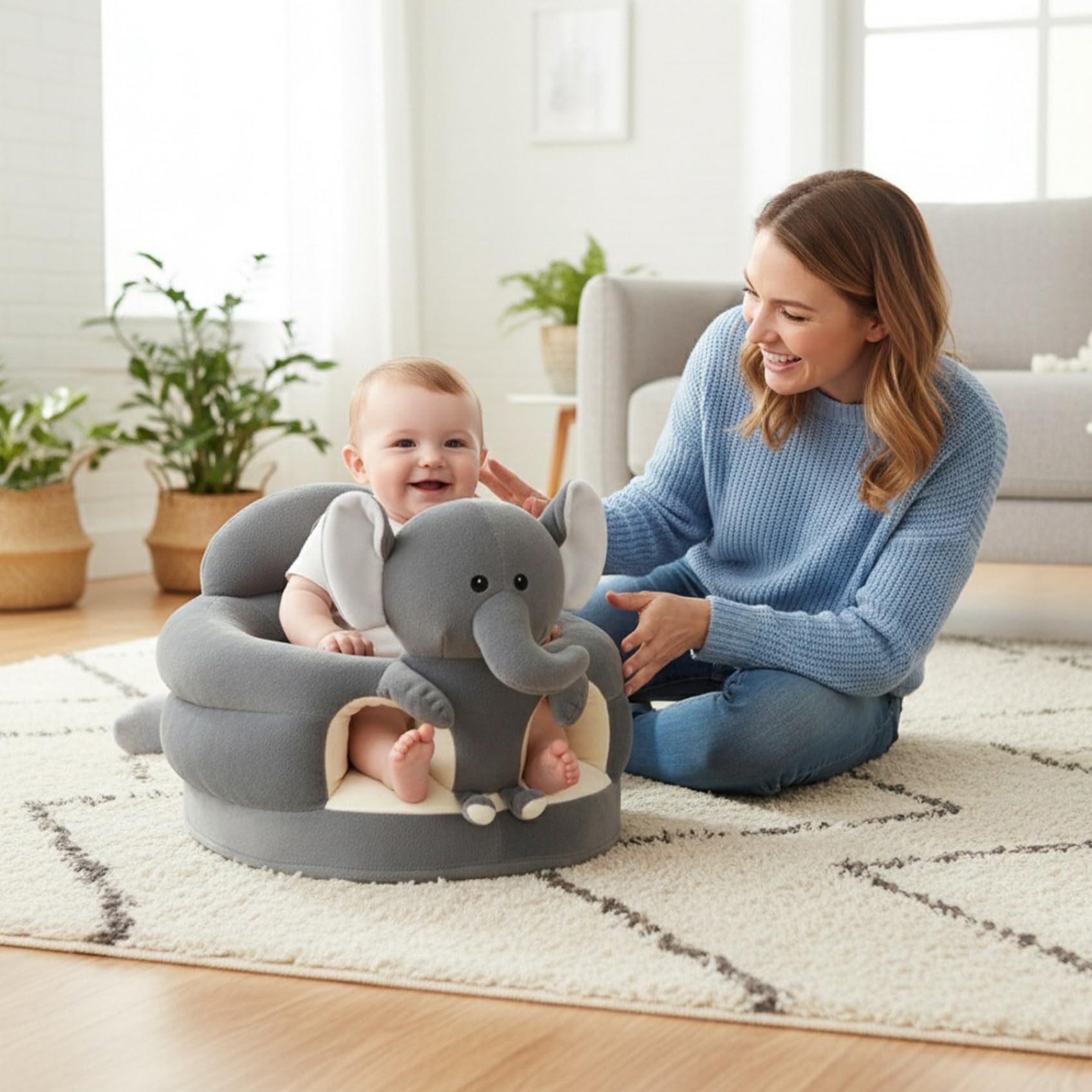 Sedia da sit-up per bambini Simpatico cartone animato Grigio Elefante per camera da letto Soggiorno Asilo nido Appartamento, Divano in peluche per neonati