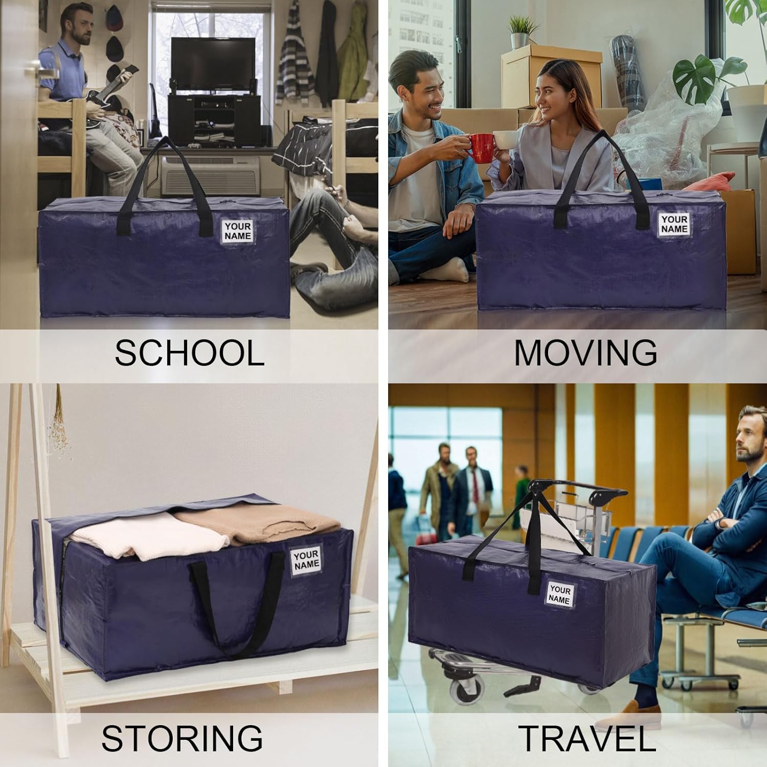 2 PCS Blue Moving Tote Bags with Zipper & Strap, Heavy-Duty Storage Tote Moving Boxes for Space Saving