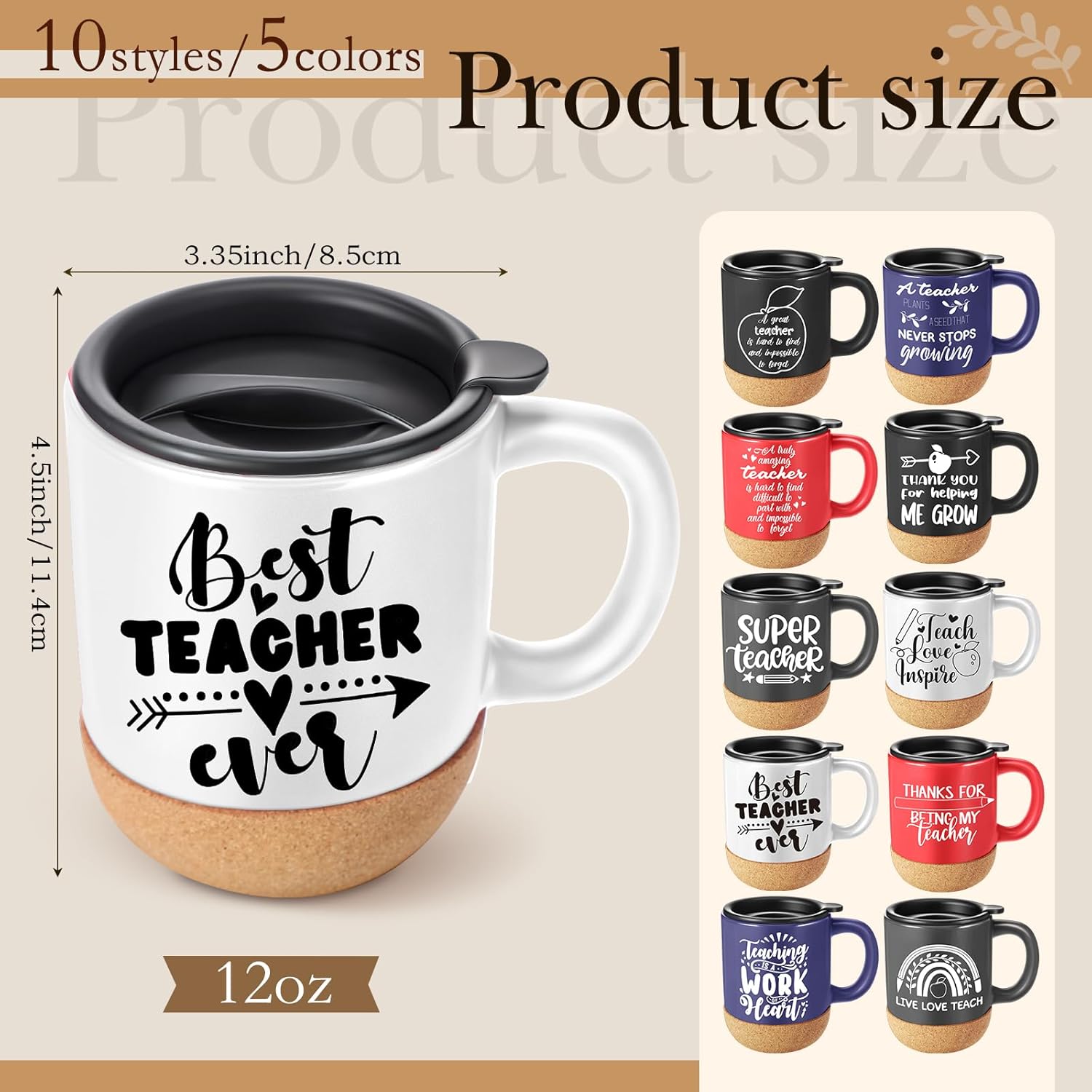 Didaey 10 Pcs Teacher Appreciation Gifts Teacher Mugs Bulk 12 oz Ceramic Coffee Cups with Lid and Cork Base End of the Year Teachers Gifts Thank You Mugs for Women Men(Art Style,Multi-color)