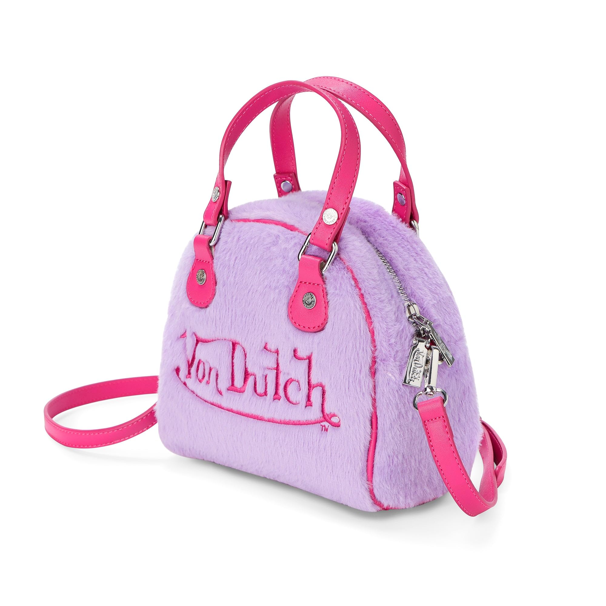 Von Dutch Womens Furry Bowling Bag Purse - Stylish Women's Handbag with Adjustable Strap, Spacious Interior, and Iconic Logo Design (Bubblegum Furry)