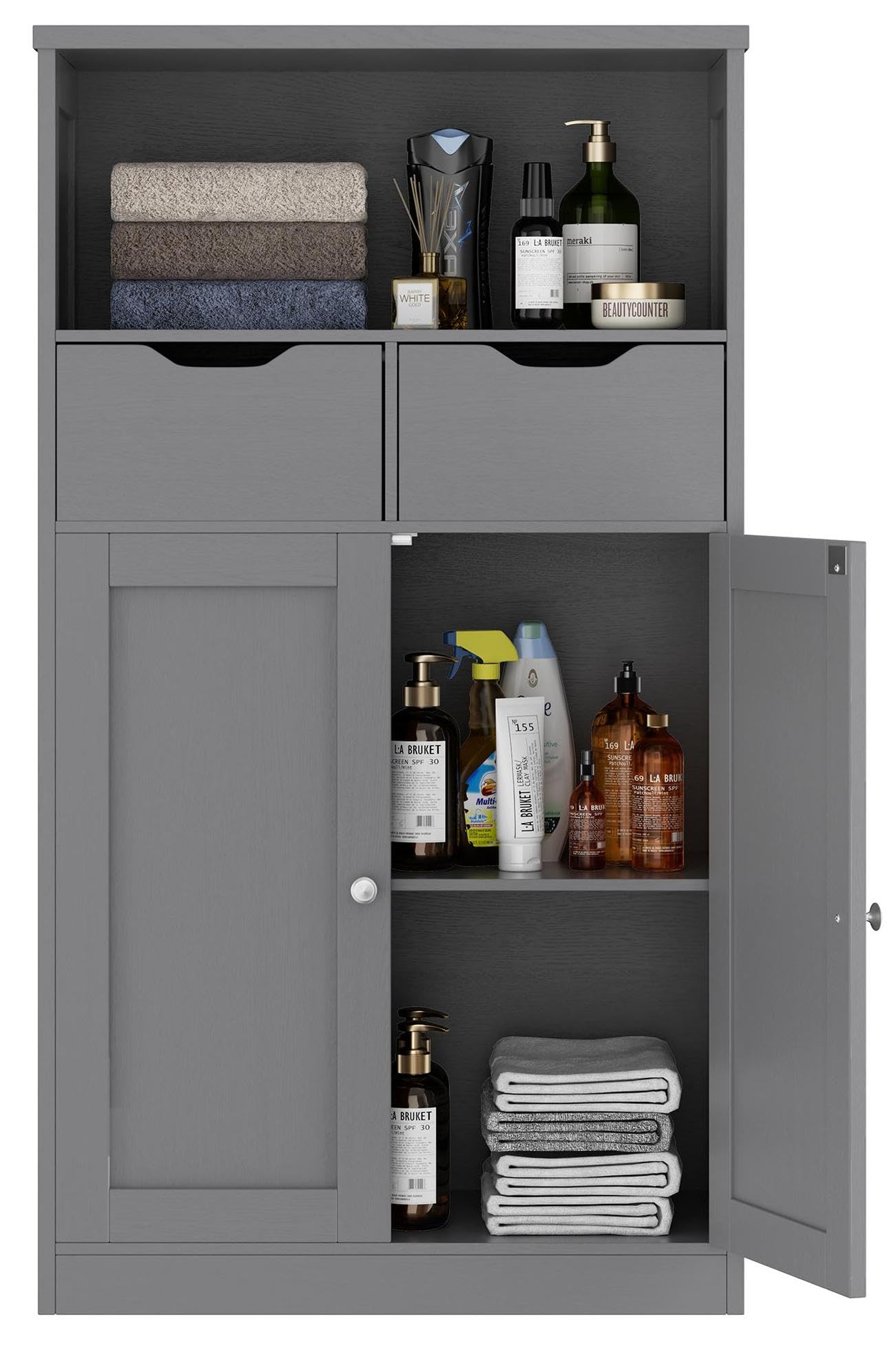 Walsunny Bathroom Storage Cabinet, Floor Storage Cabinet with 2 Drawers 2 Doors and 2 Adjustable Shelves, Freestanding Wood Storage Organizer for