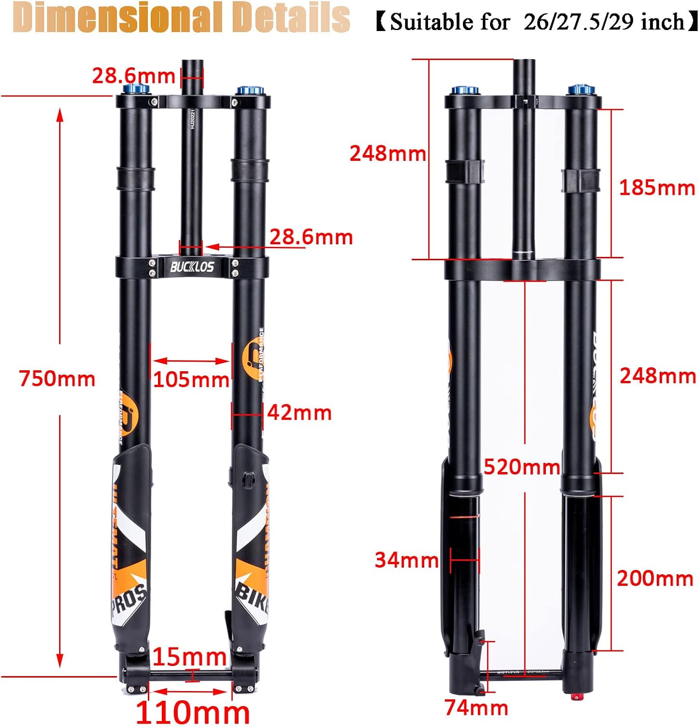 BUCKLOS 29 inch Thru Axle Boost MTB Wheelset, Front 15 * 110mm Rear 12 * 148mm Disc Brake Mountain Bike Wheel,29 inch Electric Mountain Bike Air Suspension Inverted Downhill Fork.