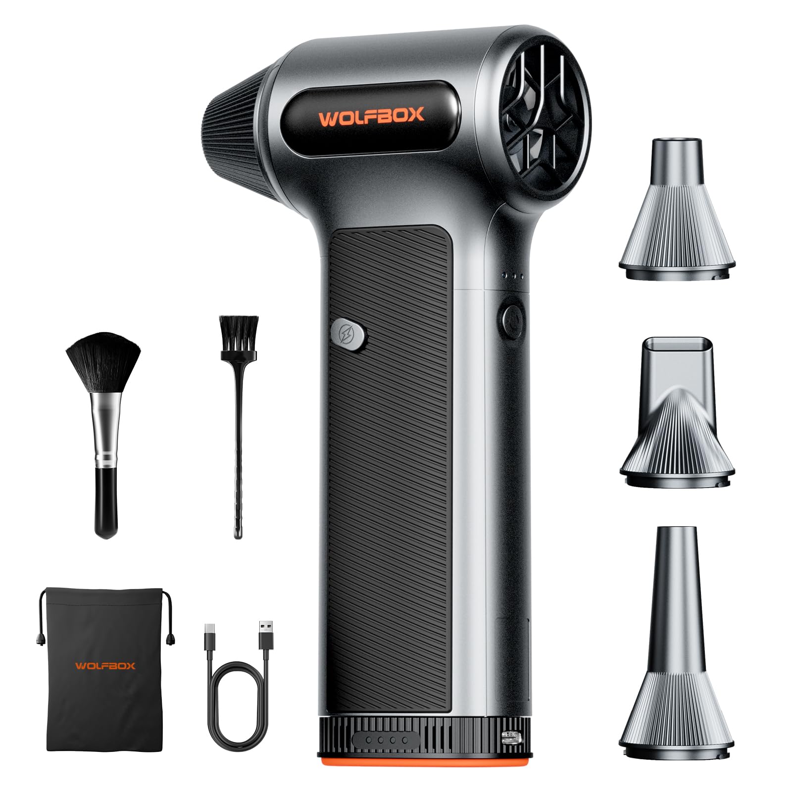 WOLFBOX 3-Speed Electric Air Duster with Brushless Motor, Type-C Fast Charging & Detachable Battery, Mini Compressed Air Blower with 4 Nozzles for Keyboard, Car and Home Cleaning