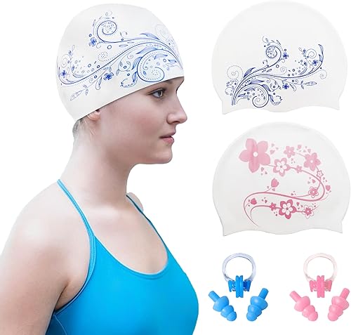 8 gorros de natación para mujeres adultas, gorro de natación para mujeres de cabello largo de silicona con tapones para la nariz para mujeres