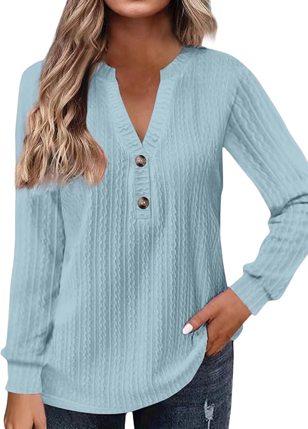 2025 Fashion Must Have Womens Long Sleeve V Neck Henley Shirt Loose Casual Shirt Wa...