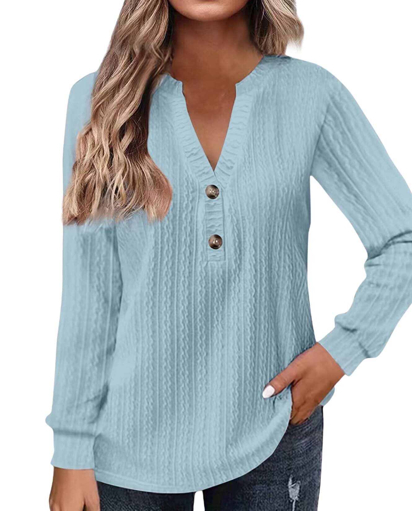 2025 Fashion Must Have Womens Long Sleeve V Neck Henley Shirt Loose Casual Shirt Warm Winter Knitwear