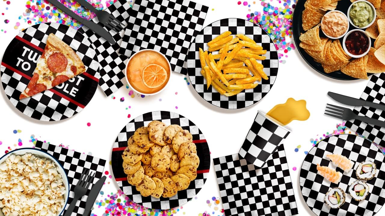 Two Fast To Handle Checkered Flag Racing 2nd Birthday Party Supplies - 64 Piece Boys Racecar Second Birthday Tableware Set Includes 9" Dinner Plates & 8" Dessert Paper Plates Napkins Cups - Kit for 16