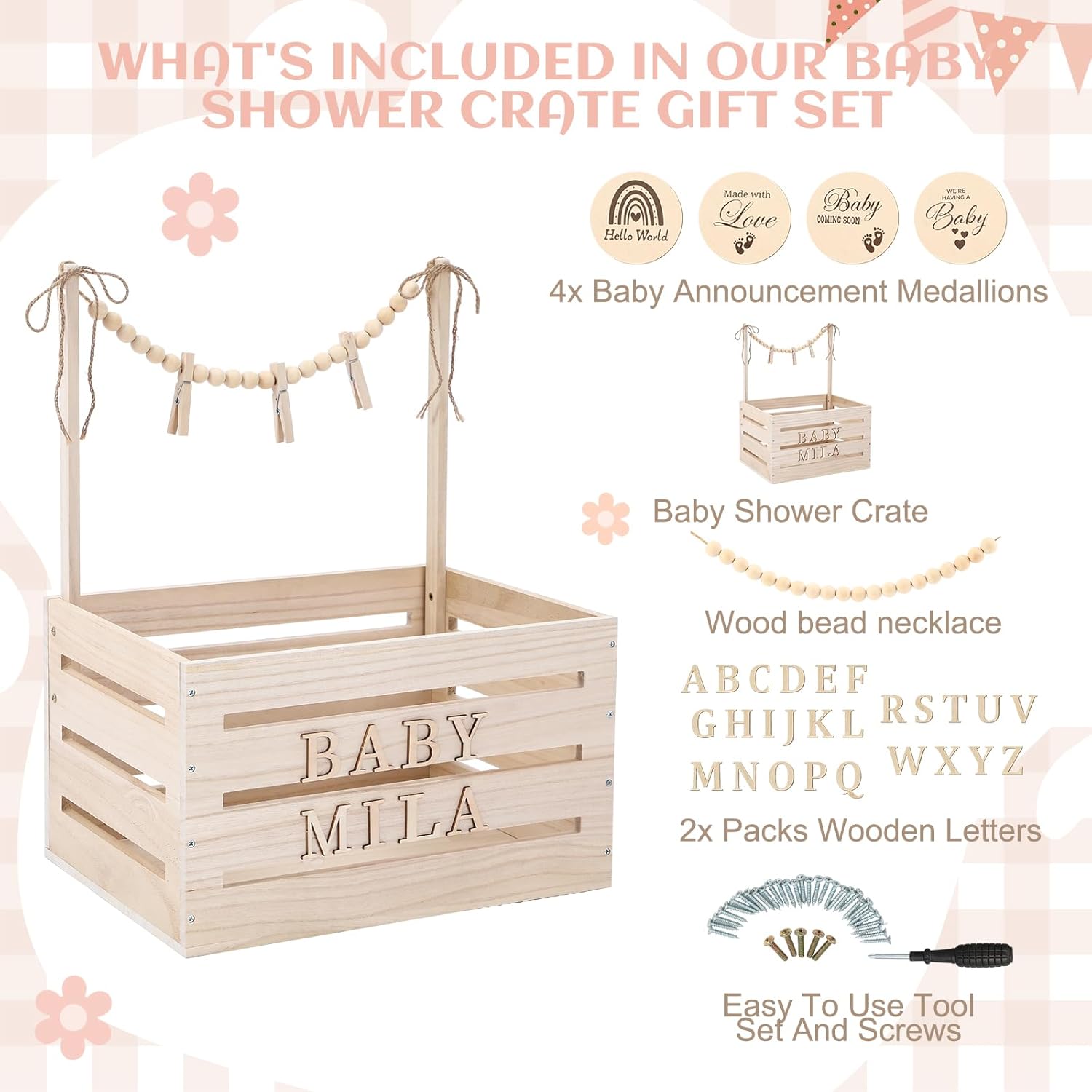 Novabright Wooden Baby Shower Crate Closet, Customizable Baby Shower Basket, New Born Girl Boy Crate Box with Alphabet Letters for Pregnancy New Mom Parent