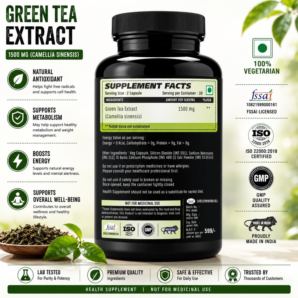 Adorreal Green Tea Extract 60 capsules for Weight Loss (Fat Burner) & Antioxidant Metabolism Booster Supplement Capsule Support Healthy Weight Management & Support Regulation of Hunger 4