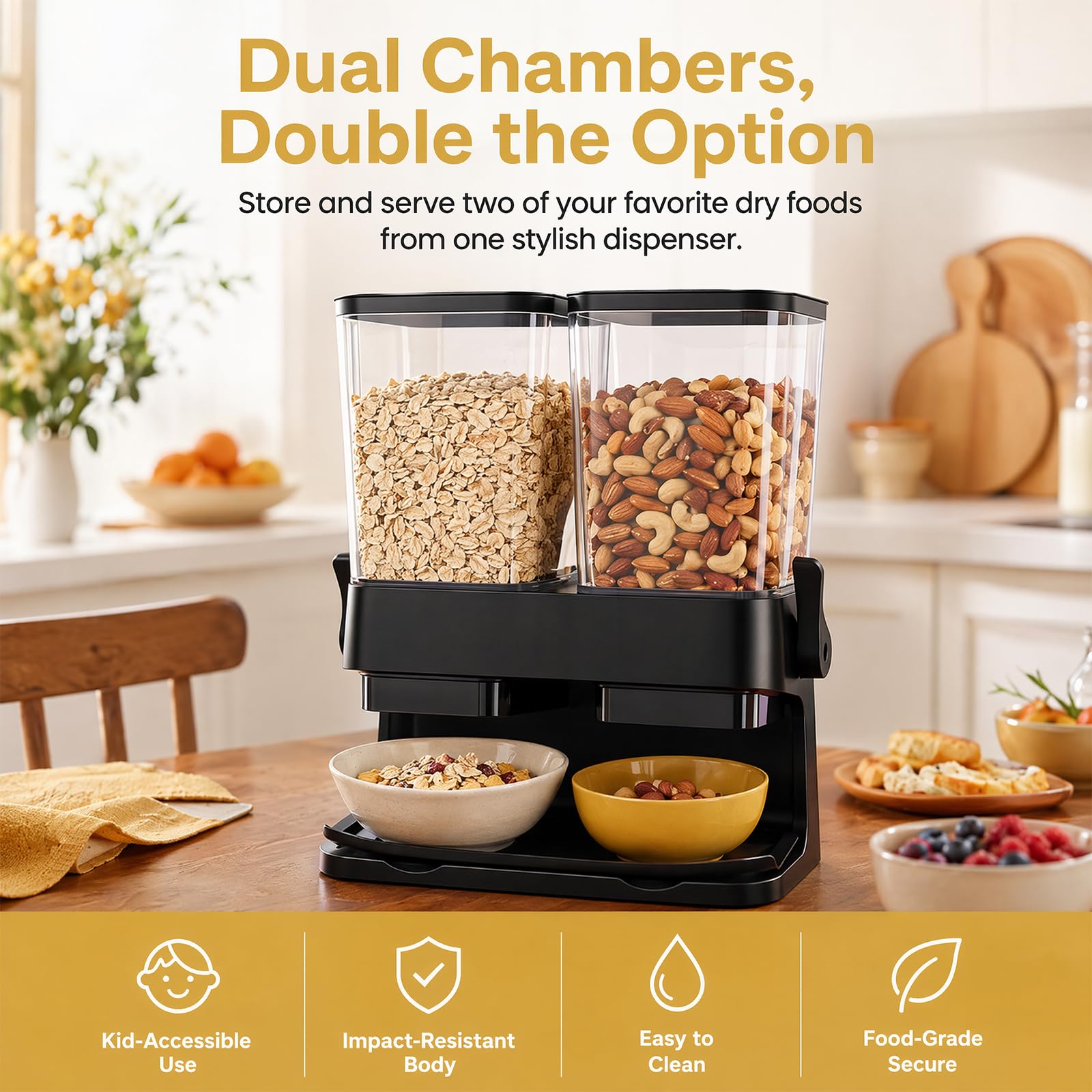 Dispensador de Cereales 2 x 3L, Cereal Dispenser Doble Hermético con 2 Compartimentos, Dispensador para Cornflakes, Muesli, Frutos Secos, Café en Grano, Dulces y Alimentos Secos