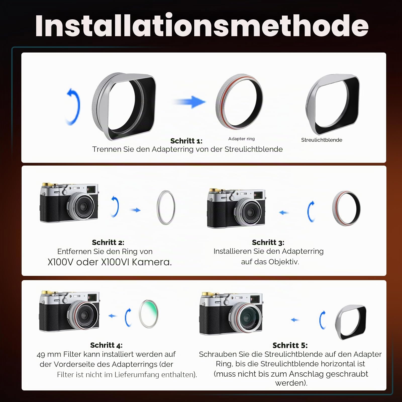 Haoge LH-X200S Gegenlichtblende aus Metall, quadratisch, mit 49 mm Adapterring, Metallkappe für Fujifilm X100VI Fuji X100V X100F X100T X100S X70 Kamerazubehör, Silber