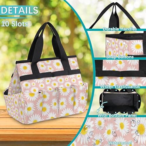 Miniatura 5 de Lovely Daisy - Bolsa de herramientas de jardín rosa para mujeres y hombres, bolsas de almacenamiento de herramientas de jardinería con 10 bolsillos,
