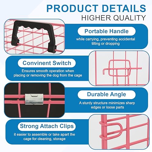 Miniatura 3 de Jaula grande de 42 pulgadas para perros, jaulas de alambre de metal, jaulas plegables de doble puerta con asa a prueba de fugas, color rosa