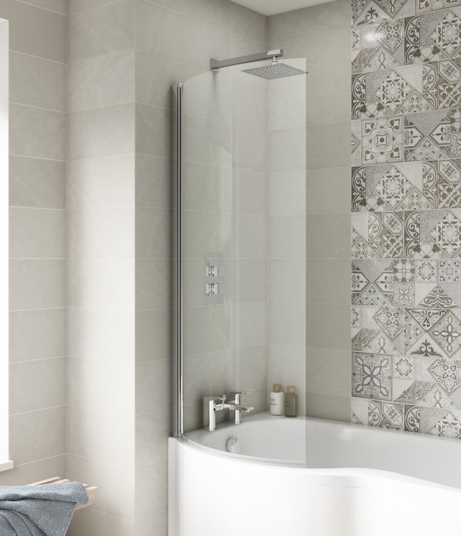 Affine® 1435 x 720mm Chrome Over Bath Shower Screen Hinged Pivot Panels & Screens for Baths Bathroom Frameless P-Shaped Curved 6mm Safety Glass