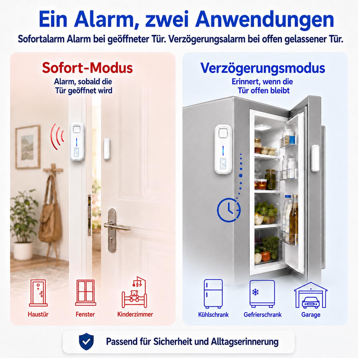 Sanjie Türalarm, Tür- und Fensteralarm Einbruchschutz mit Sofort- & Verzögerungsalarm, ohne Bohren, 0–120 dB einstellbare Lautstärke, 5 Modi, für Wohnung, Haus, Kinder & Senioren, 1er Set