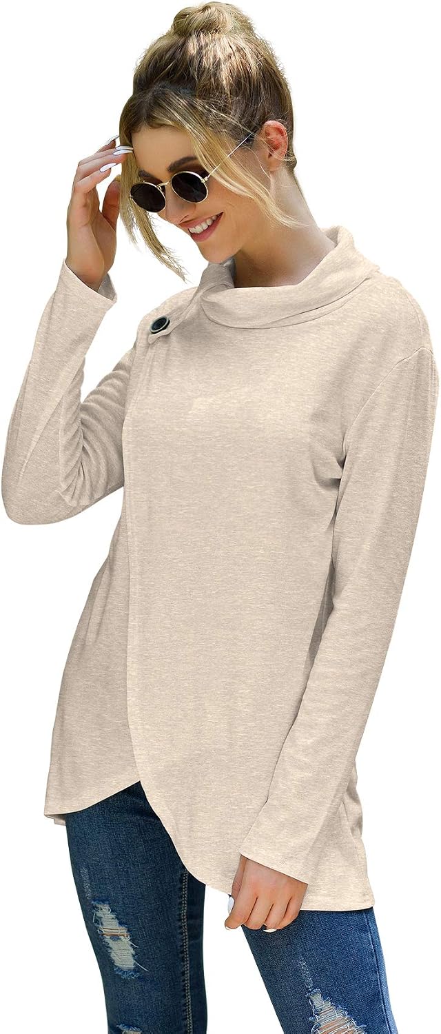 Iandroiy Women's Wrap Shirts Turtleneck Loose Button Lightweight Pullover Tunic Tops
