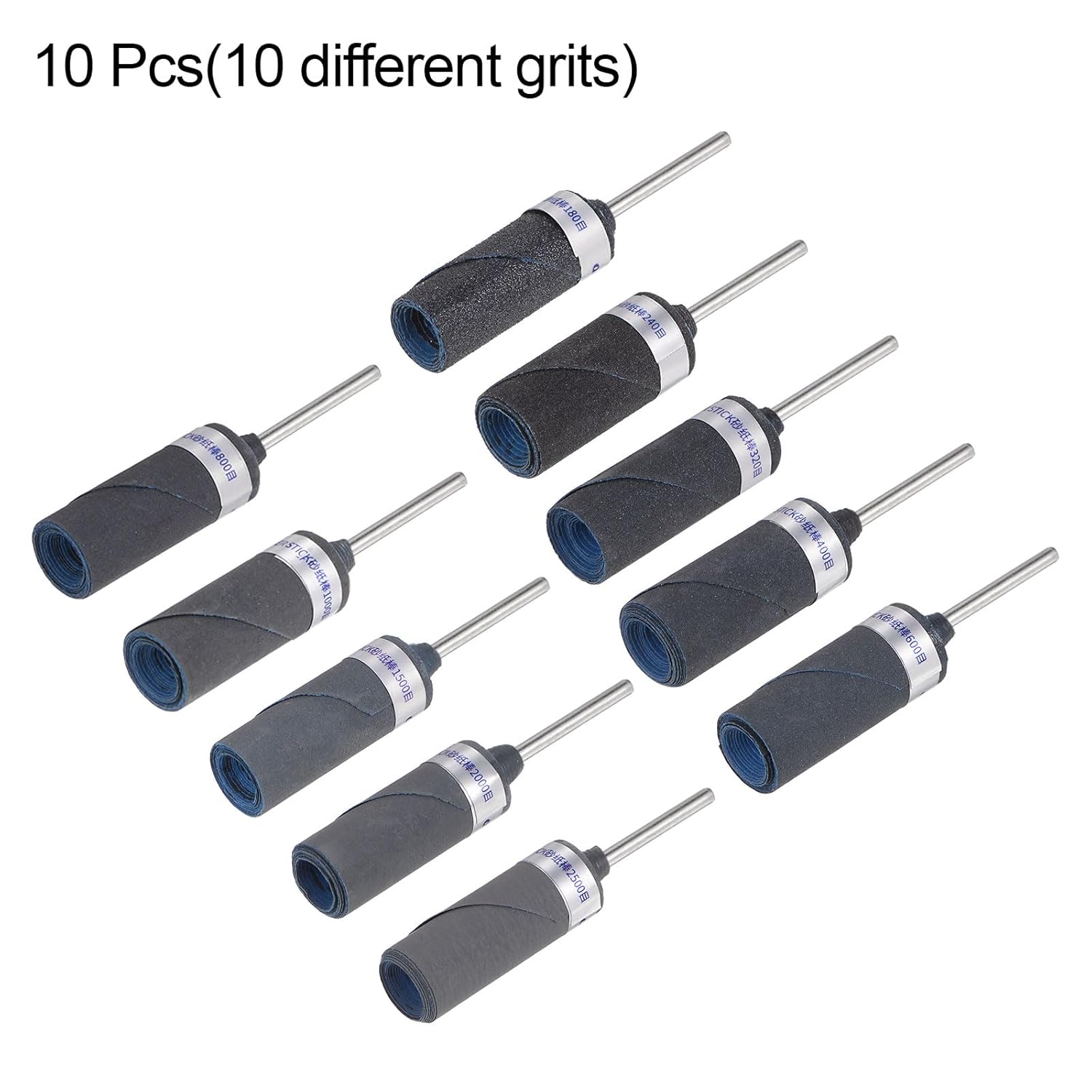 Generic 10pcs Abrasive Sandpaper Rolls Kit 180-2500 Grit 2.35mm Shank Sanding Drums Sleeves Cylinder Grinding Head for Woodworking Glass Metal Polishing