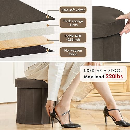 Miniatura 4 de Phantoscope Otomana de almacenamiento redonda de 15 pulgadas, cajas de almacenamiento plegables de terciopelo, reposapiés, caja de juguetes otomana,